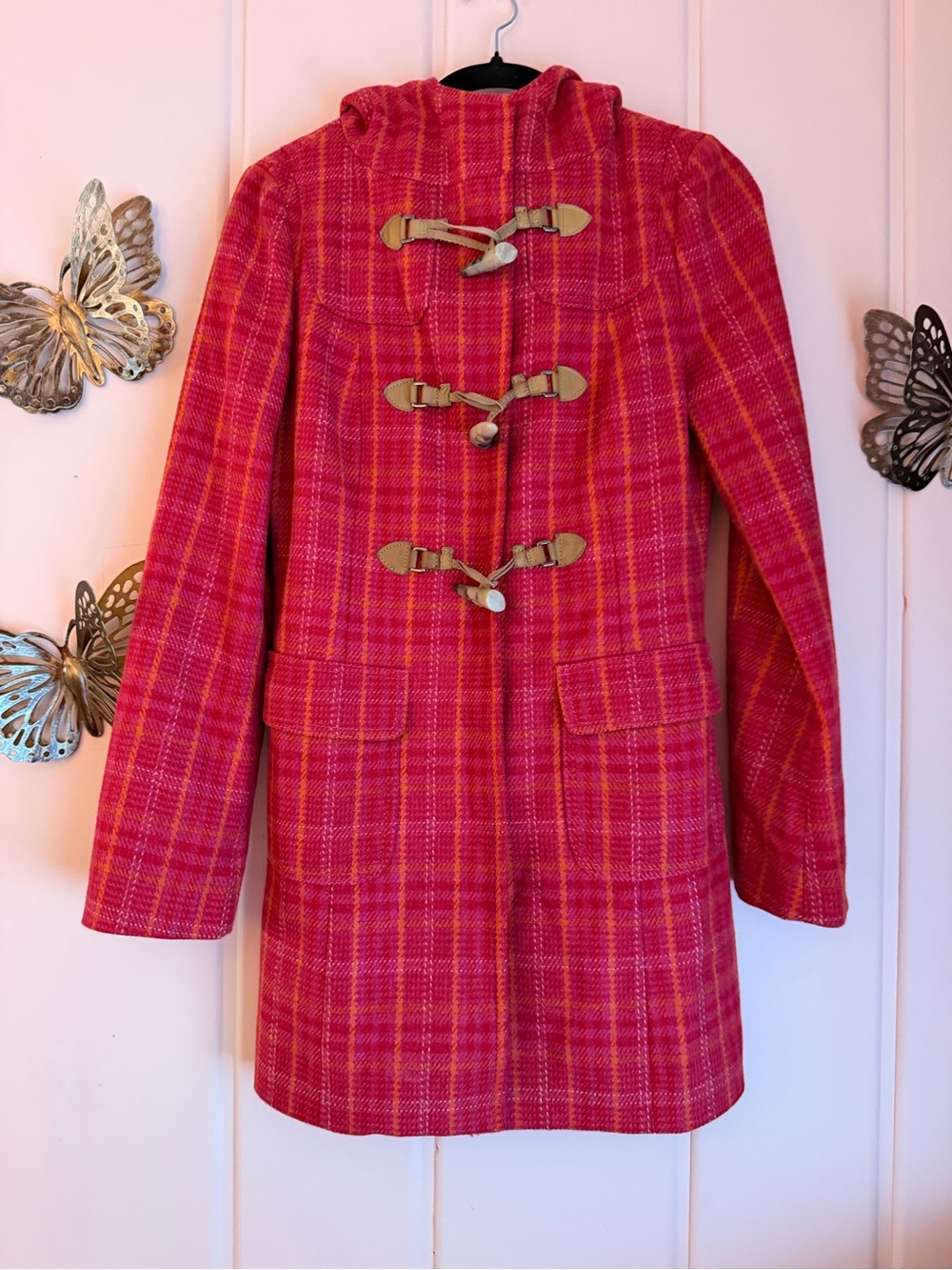 United Colors Of Benetton Hot Pink Plaid Toggle Pea Coat sz40